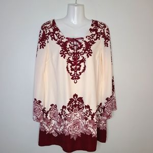Burgundy And Cream Blouse,Bell sleeves, Scrollwork